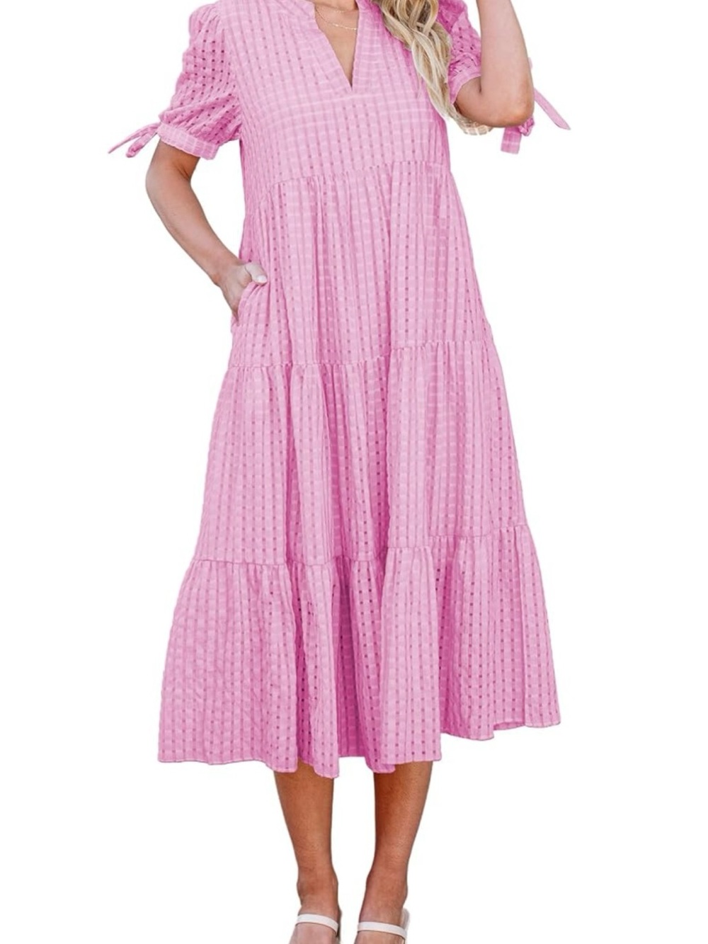 Ecowish Tiered Pink Midi Dress with V-Neck and Tie Sleeves